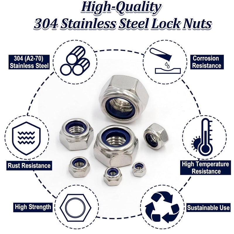 ZQZ 300 Pack Metric Nylon Insert Locknuts Assortment Kit,M3 M4 M5 M6 M8 M10 M12 Nylock Nuts Sets,304 Stainless Steel Standard Threaded Lock Nuts - Image 4
